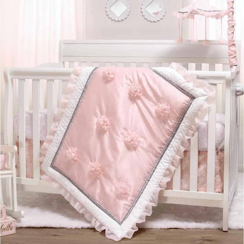 breathable silk bedspread-The Peanutshell Pink Floral Embroidered 3 Piece Nursery Crib Bedding Set