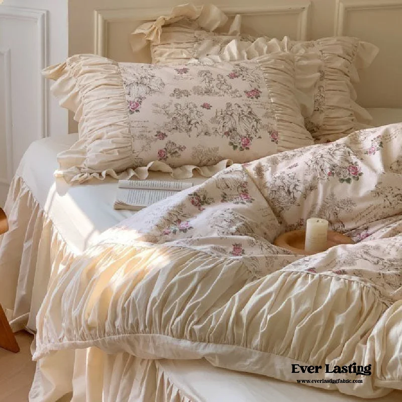 breathable linen duvet cover-Victorian Inspired Antique Ruffle Bedding Set / Pink Gold