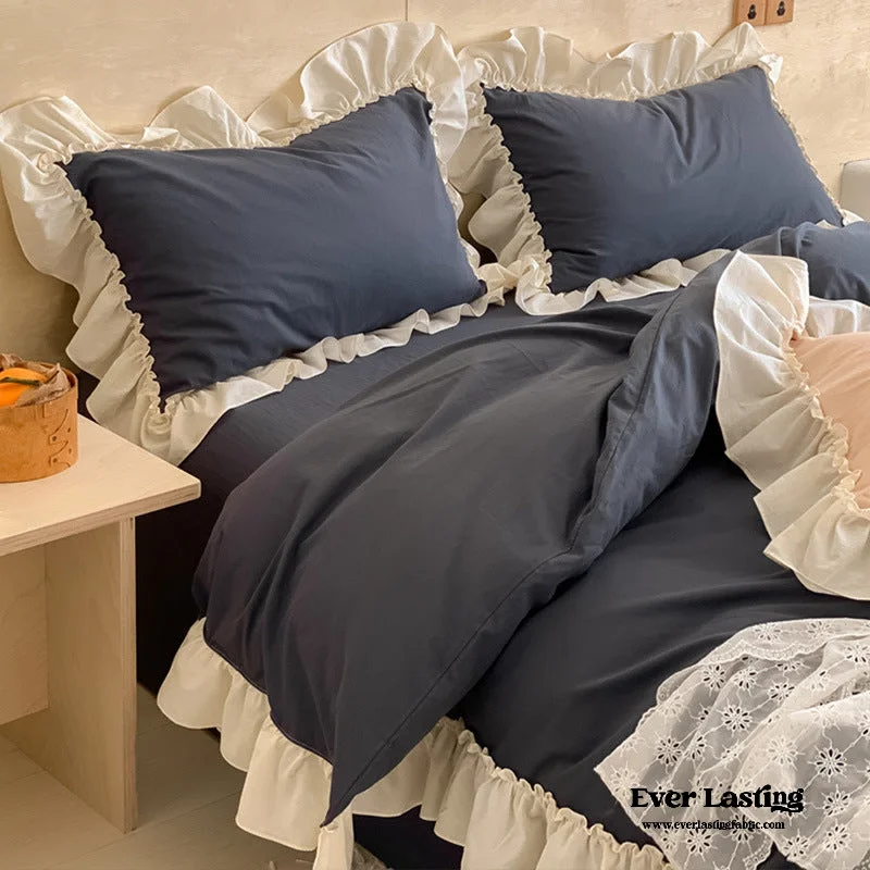 cozy flannel bed set-Vintage Earth Tone Large Ruffle Bedding Set / Royal Blue