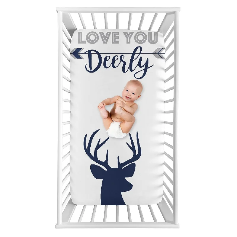 luxury fleece quilt-Woodland Deer Collection Boy Photo Op Fitted Crib Sheet - Navy Blue and White Stag