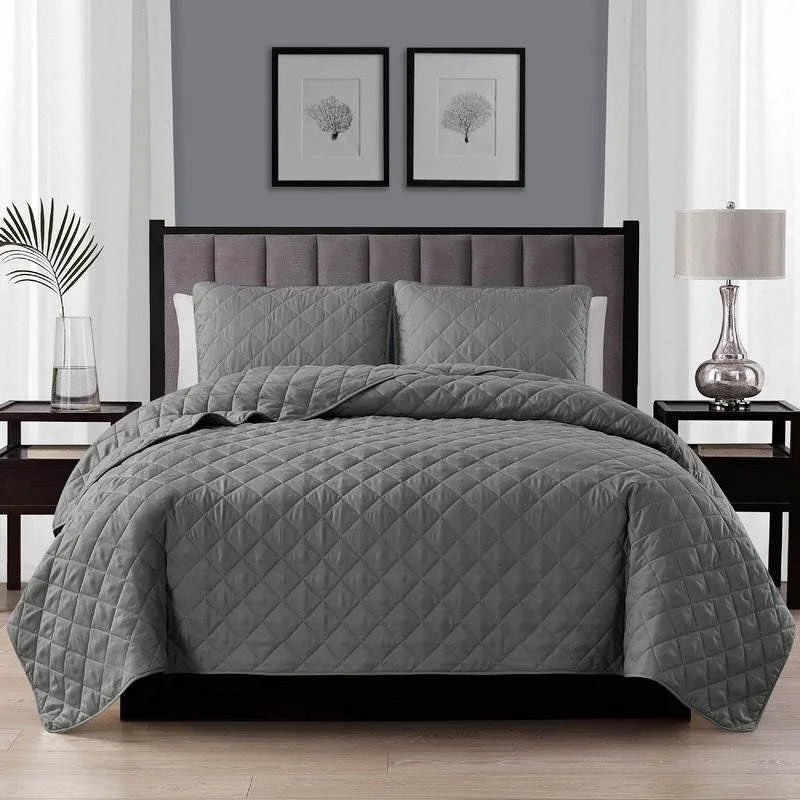 vintage wool quilt-2-Piece Dark Grey Polyester Microfiber Diamond Quilt Set