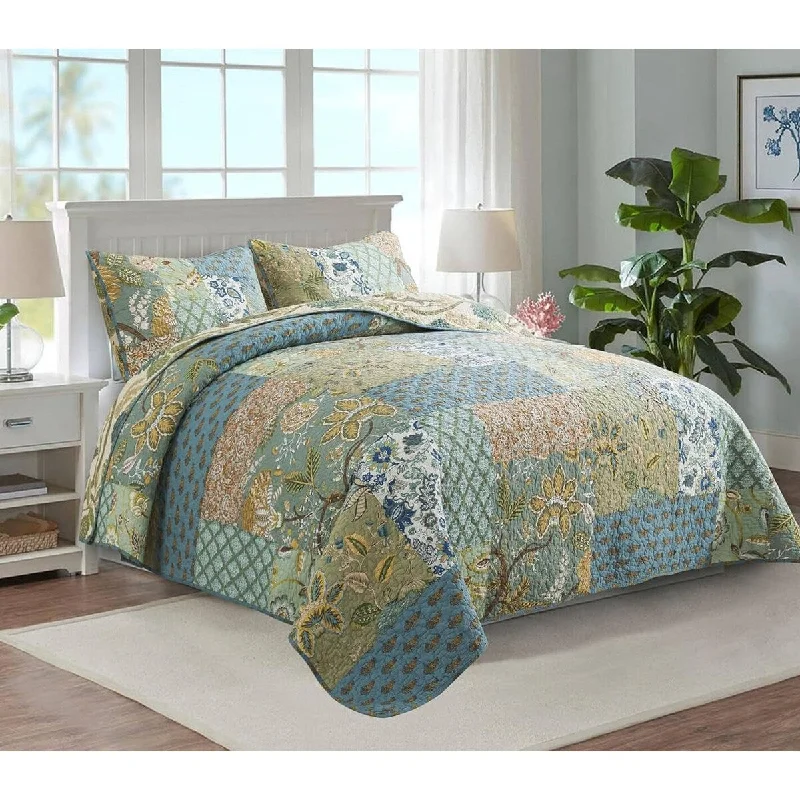 thick linen pillowcase-3 PCS Bedspread Quilt Set with Needle Embroidery and Bohemian Floral Pattern