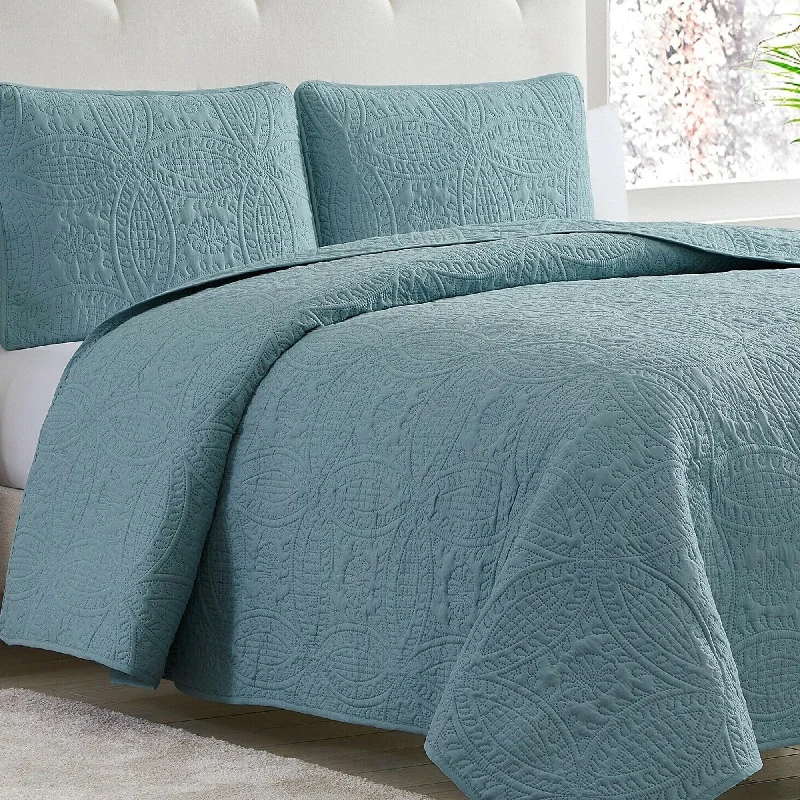 soft microfiber throw-3 Piece Bedset Quilt Queen Size Spa Blue