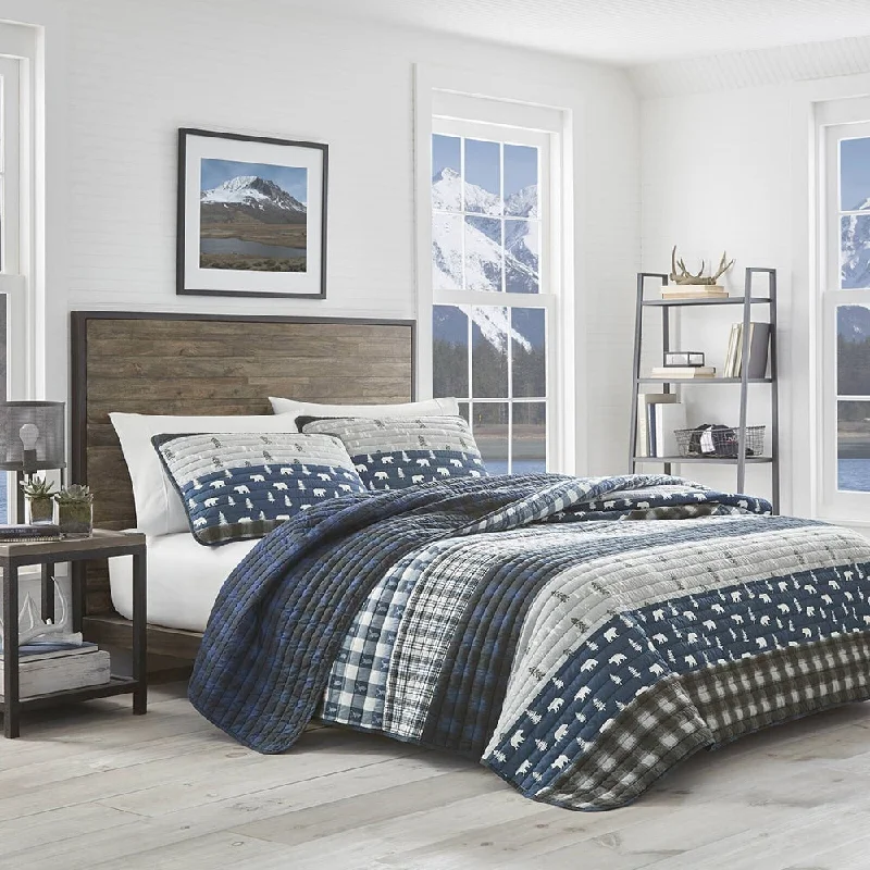 soft flannel duvet cover-3pc Full/Queen Plaid Quilt Set Super Soft Lightweight Blue Grey