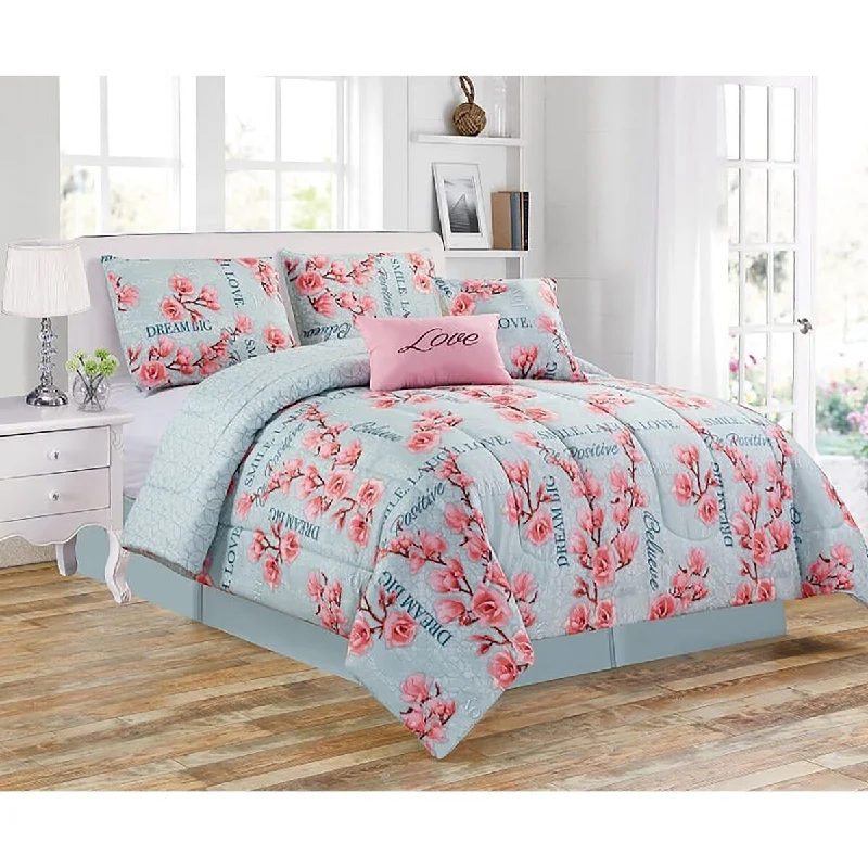 modern floral pillowcase-5 Piece Comforter Set Soft Bedding Blue Pink Floral Botanical Queen Size