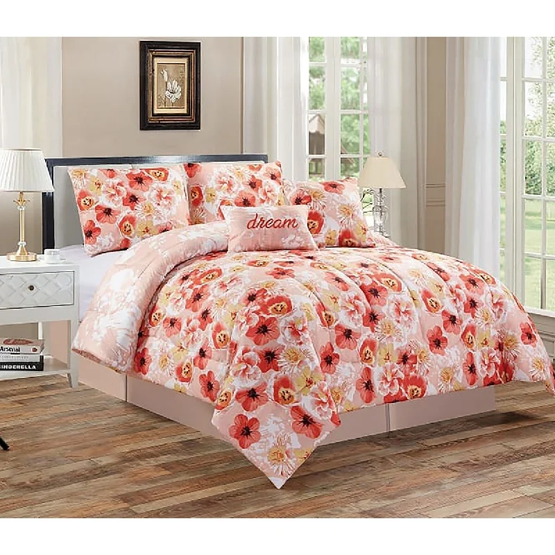 handwoven silk throw-5 Piece Comforter Set Soft Bedding Pink Orange Floral Botanical Queen Size