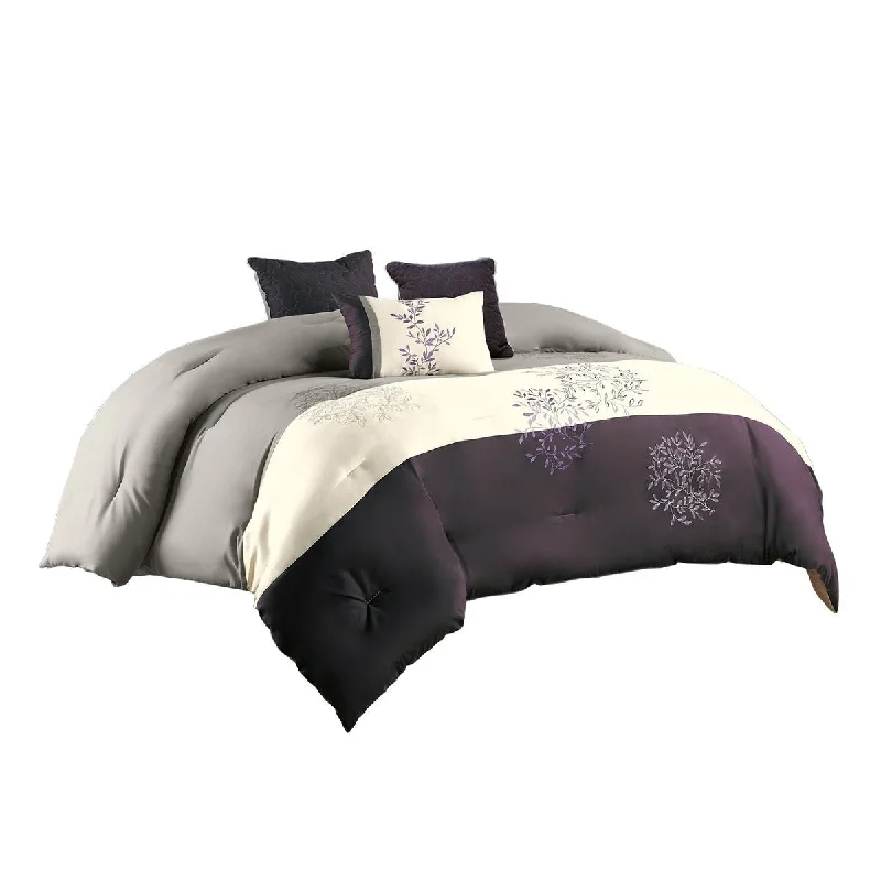 plush sateen pillow-7 Piece Queen Polyester Comforter Set with Leaf Embroidery, Grey and Purple