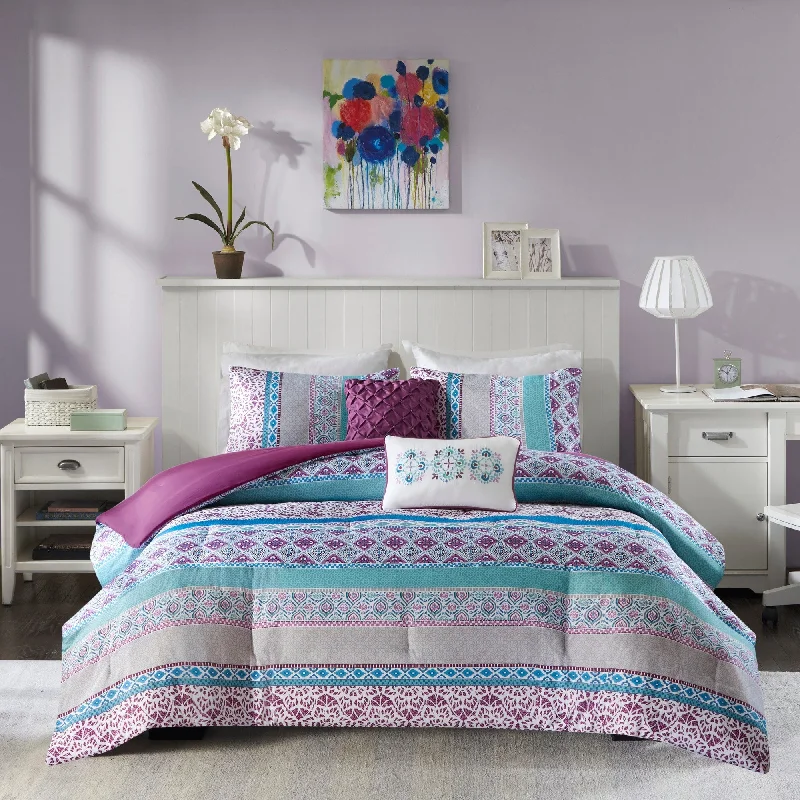 colorful polka dot pillowcase-Adley Purple Printed Comforter Set by Intelligent Design