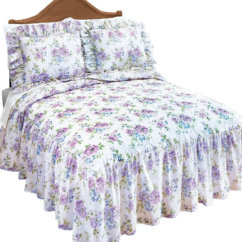 luxury velvet sheets-Andrea Purple Floral Quilt-Top Ruffled Bedspread