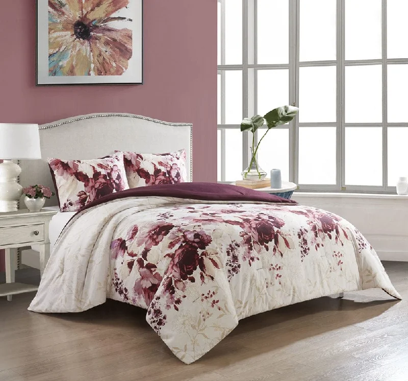 silky microfiber blanket-Annabella Floral 3-Piece Comforter Set, White/Purple