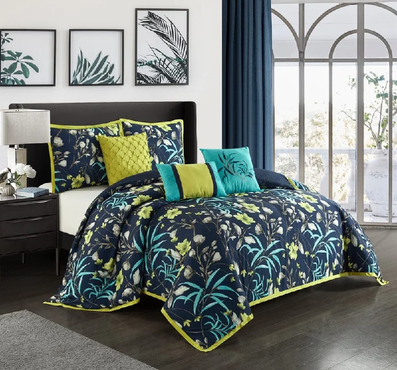 minimalist gray bed set-Barbara 6-Piece Comforter Set, Navy, Floral