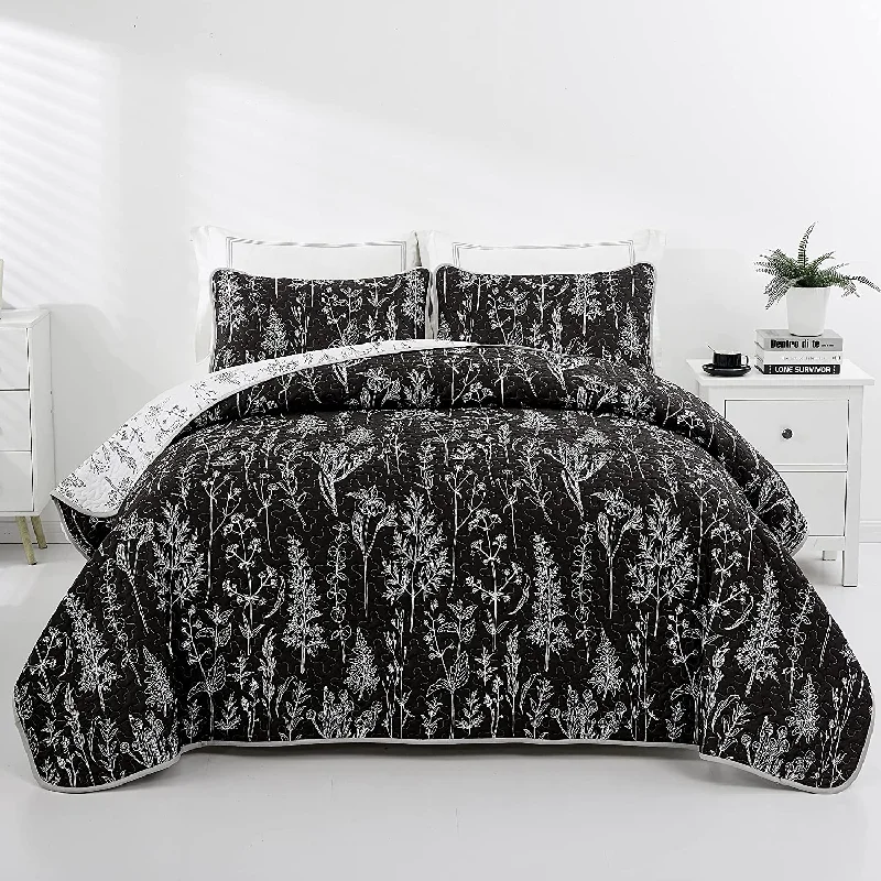 vintage chenille bed set-Black and White Quilt Set 3 Pieces Flowers Botanical Plant Reversible Summer Lightweight Microfiber Bedspread with 2 Pillowcases