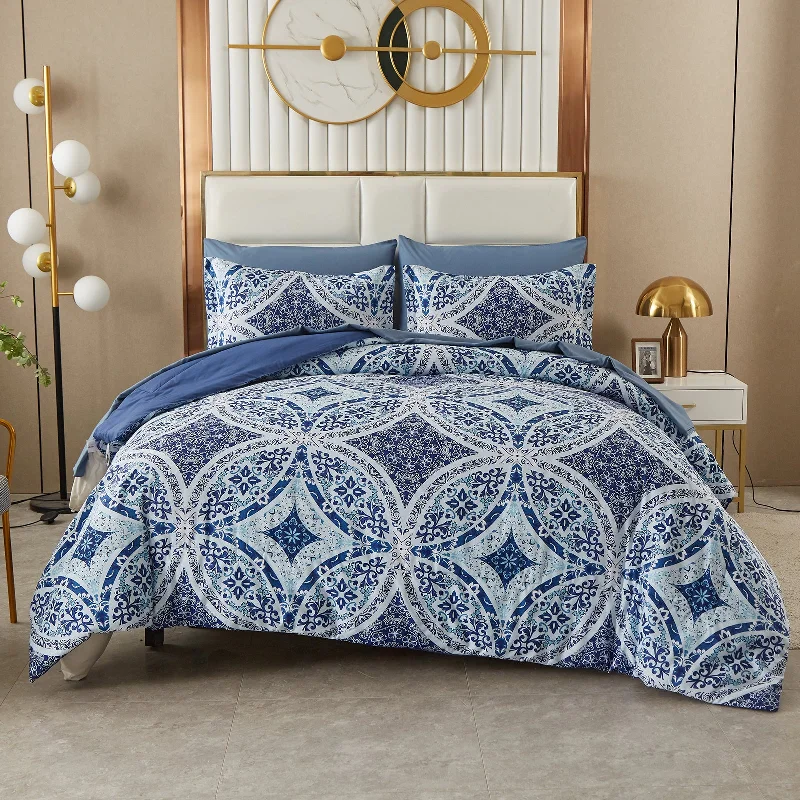 cooling jersey quilt-Blue Boho Queen Comforter Set 7 Pieces, Bohemian Bed in a Bag Queen Size with Comforter, Flat Sheet, Fitted Sheet, Pillowcases and Shams, All-Season Warm Bedding Set