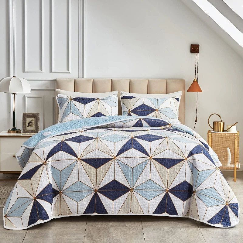 breathable bamboo pillow-Blue Geometric Pattern Duvet Cover 4 Pieces Set With 2 Pillowcases