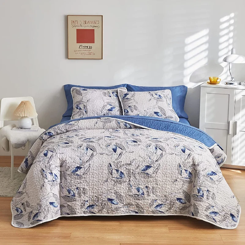 breathable cotton pillowcase-Botanical Blue Leaves on Light Gray Reversible Design 3 Pieces Quilt Set with 2 Pillowcases