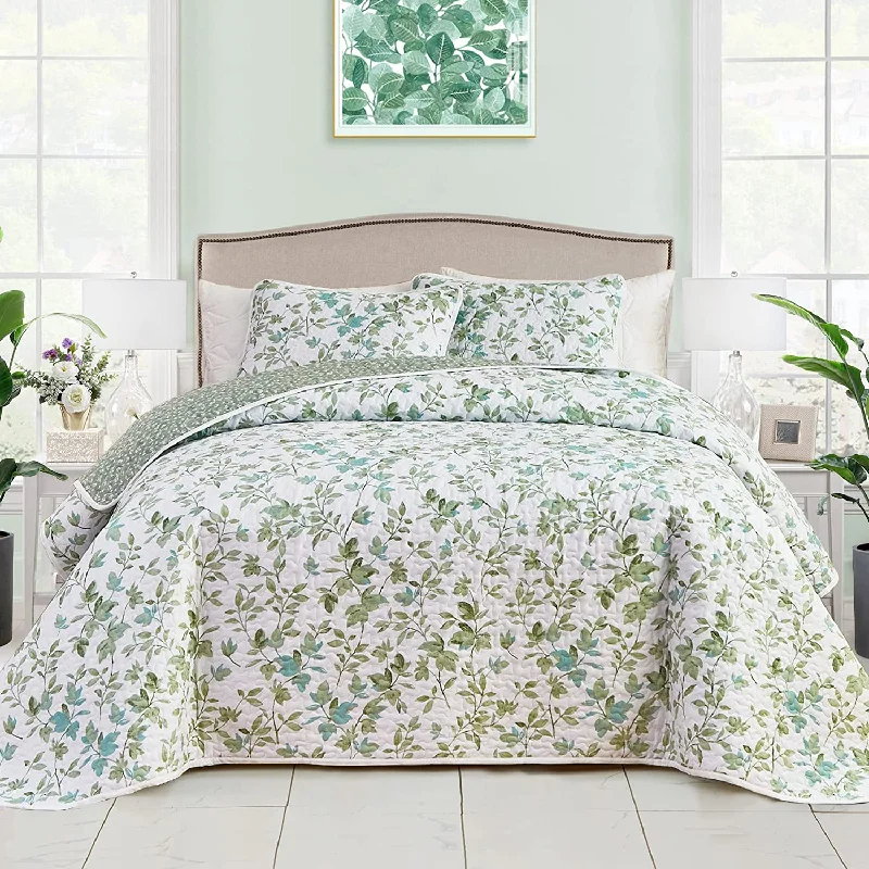 hypoallergenic percale sheets-Botanical Green and White Quilt Set 3 Pieces Leaves Reversible Bedding Set with 2 Pillowcases