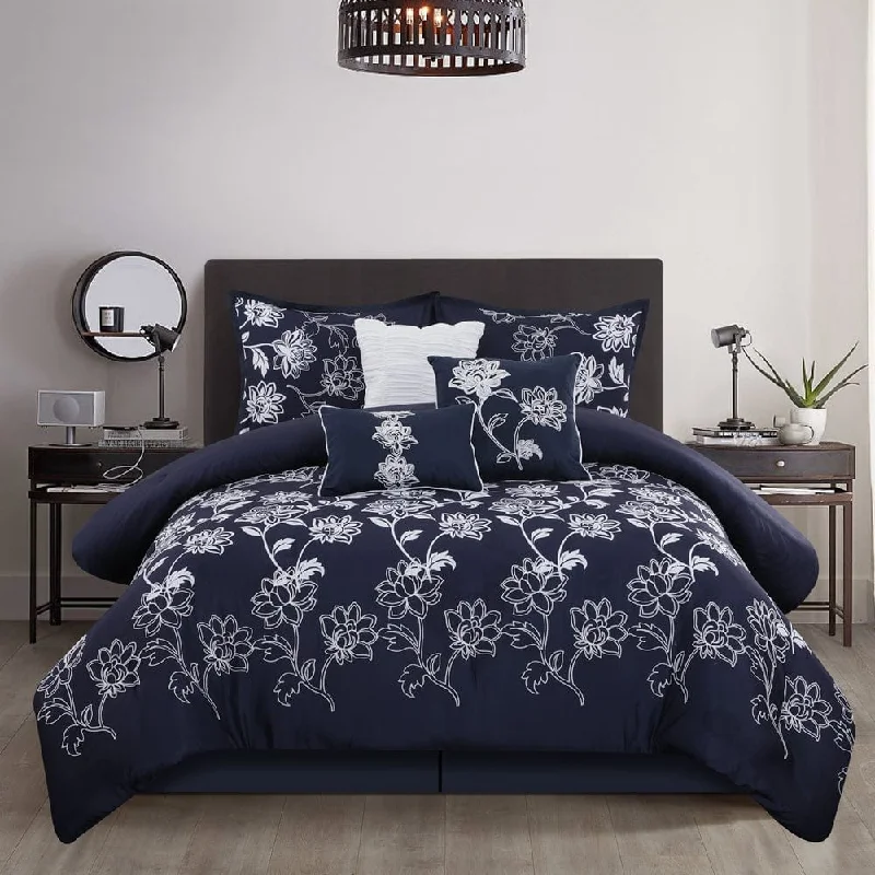 cozy bamboo pillow-Calabria 7 Piece Comforter Set, Navy, Floral