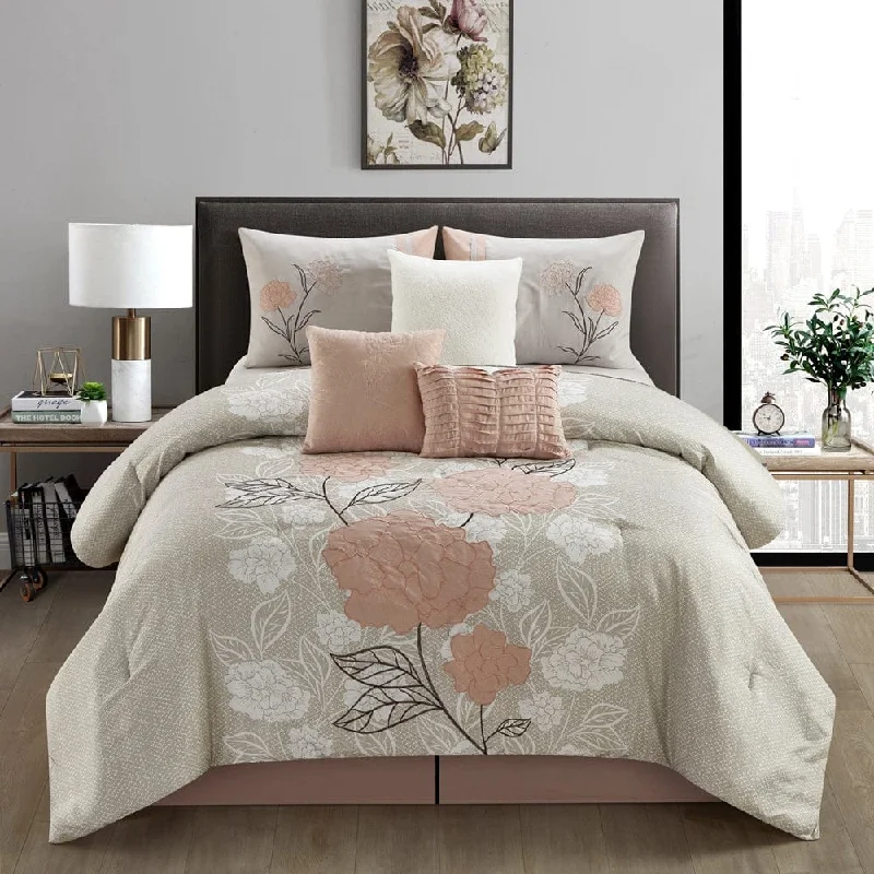 modern polka dot blanket-Camellia 7 Piece Comforter Set, Blush, Floral