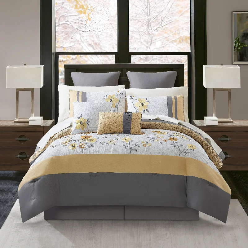 hypoallergenic linen quilt-Candice 12-Piece Floral Comforter Set, Grey/Yellow