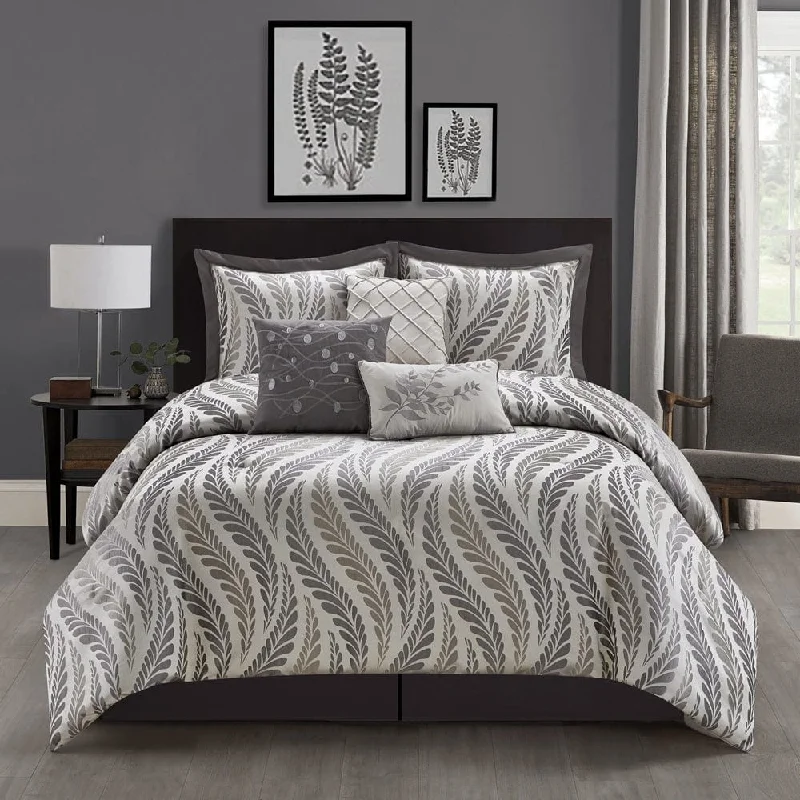 silky percale bed set-Capella 7 Piece Leaves Comforter Set, Silver/Taupe