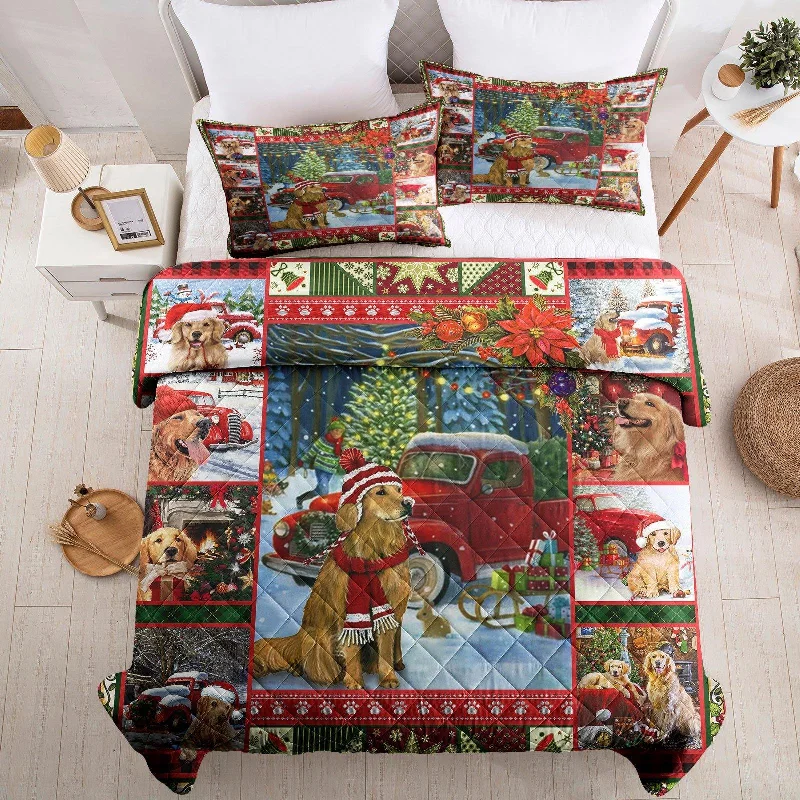 vintage wool comforter-Christmas dog pattern quilt set（Complimentary 2 pieces of 18"*30" pillowcases）