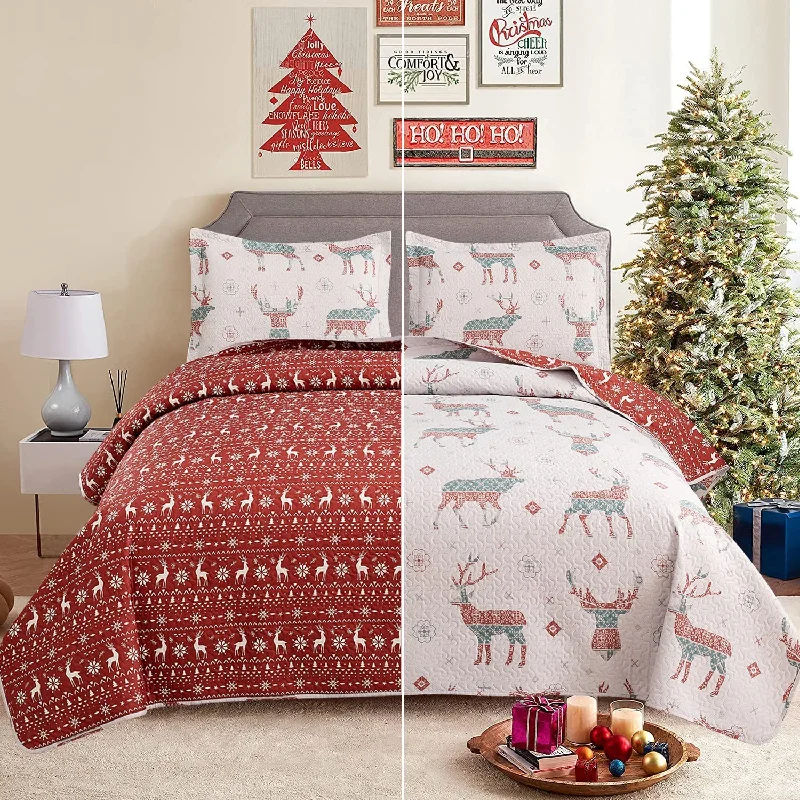 organic sateen sheets-Christmas Elements Double-sided Design 3 Pieces Quilt Set with 2 Pillowcases