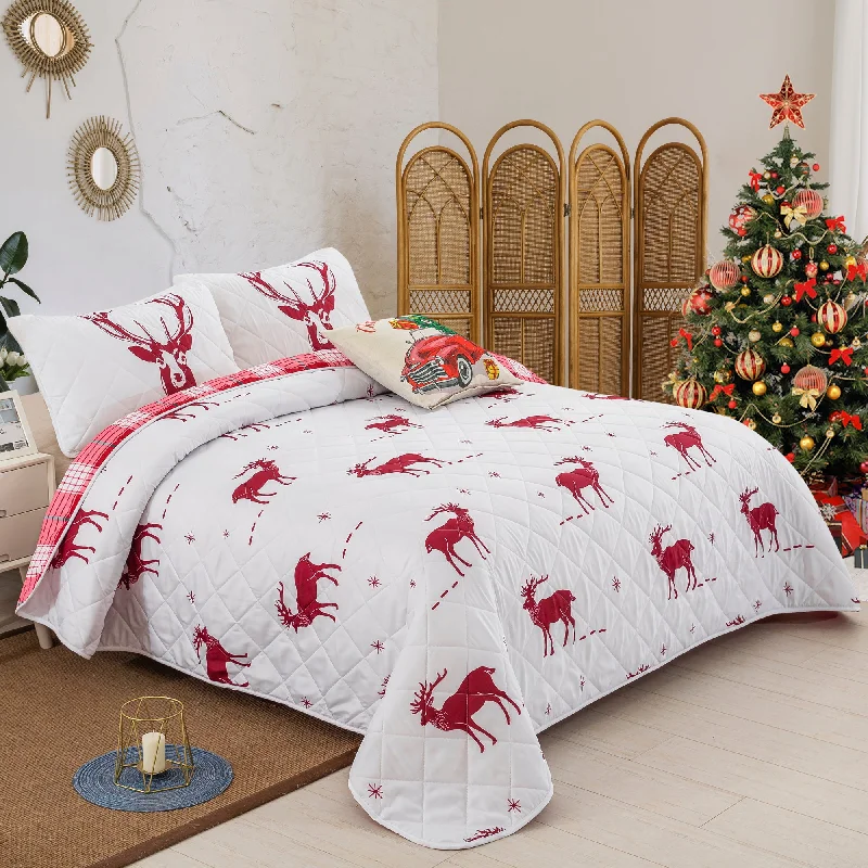 plush jersey pillow-Christmas Elk Double-sided Pattern Christmas Style Quilt Set with 2 Pillowcases