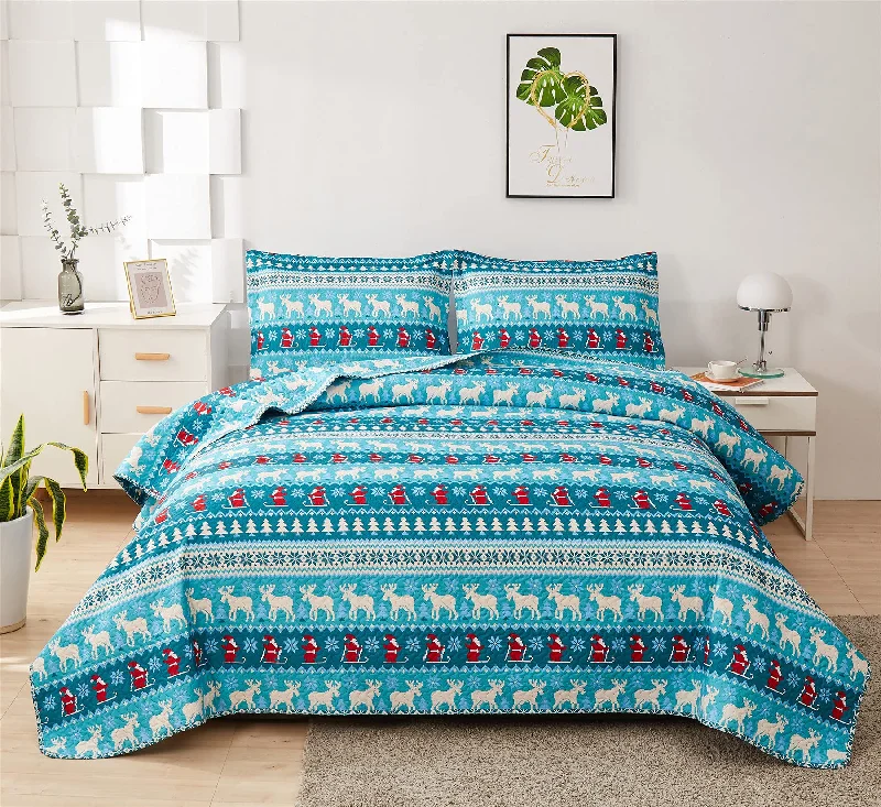 cooling gel bed topper-Christmas Series Cyan Deer Christmas Tree Pattern Summer 3 Pieces Bedding Set with 2 Pillow Shams