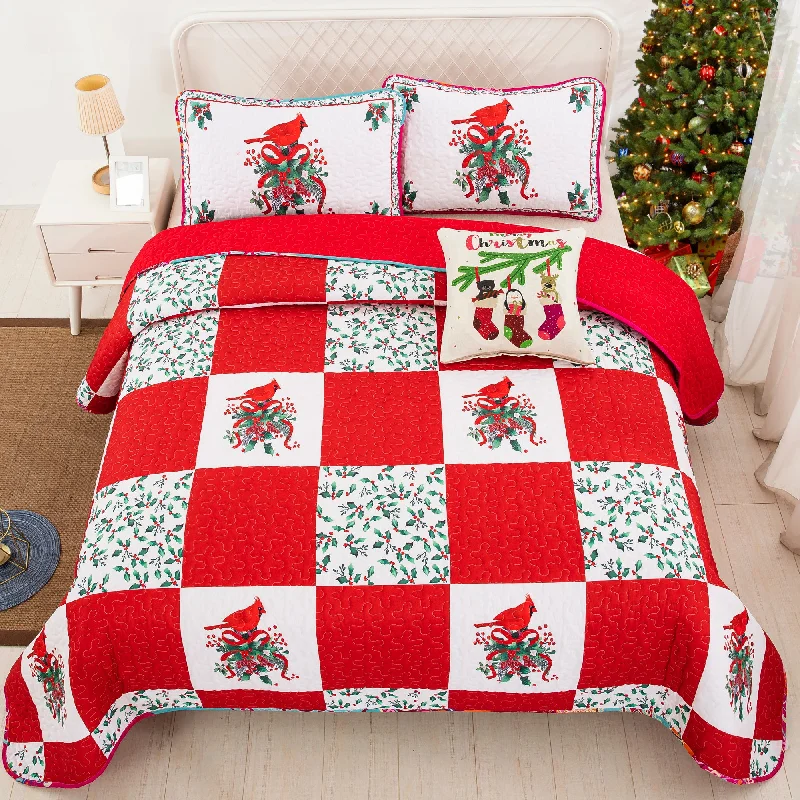 luxury Egyptian cotton bedspread-WONGS BEDDING Christmas Style Quilt Set with 2 Pillowcases