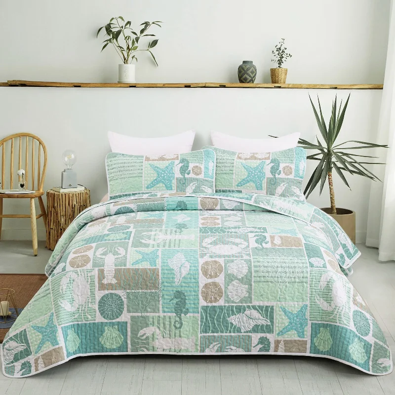 luxury velvet bed sheets-Coastal Quilt Set Seashell Beach Theme Bedspread 3 Pieces Quilt Set with 2 Pillowcases