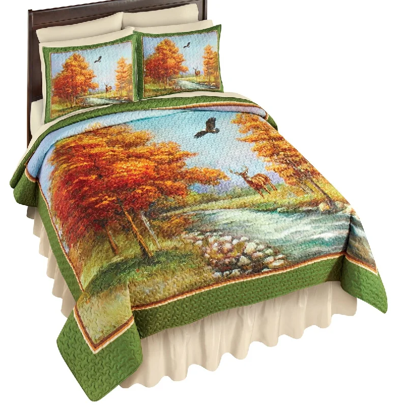 thick fleece bedspread-Colorful Autumn Woodland Deer Scene Quilt