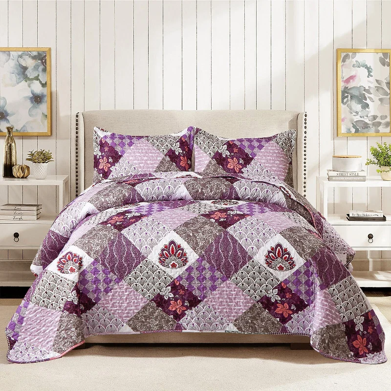 minimalist white comforter-Colorful Floral Lattice Stitching 3 Pieces Quilt Set with 2 Pillowcases