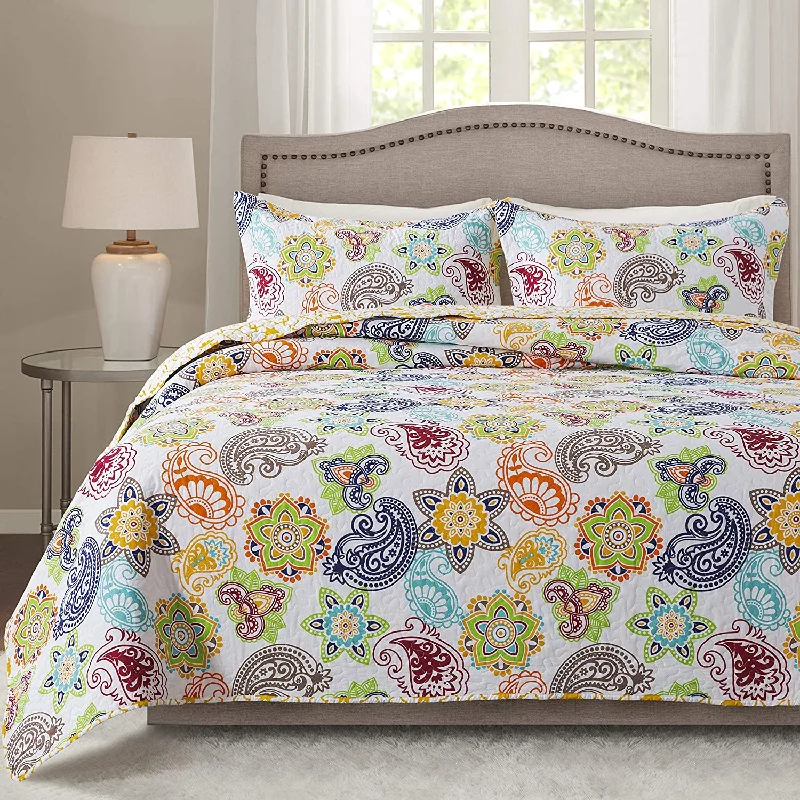 warm flannel mattress topper-Colorful Flower Print 3 Pieces Quilt Set With 2 Pillow Shams