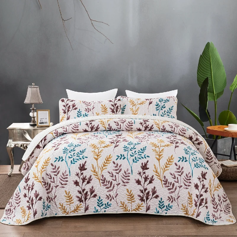 cozy wool pillow-Colorful Plant Pattern 3 Pieces Quilt Set Coverlet with 2 Pillowcases