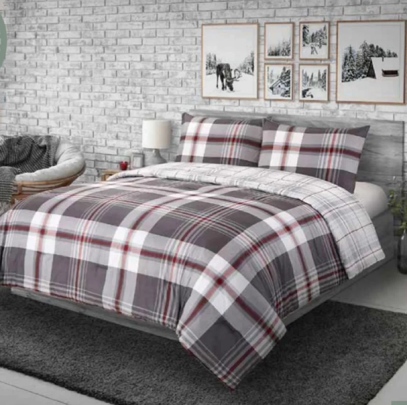 breathable bamboo pillow-Grey & Burgundy Plaid 3-piece Comforter set