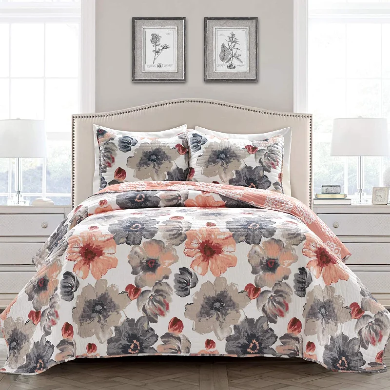 hypoallergenic bamboo throw-Coral & Gray Splash-Ink Painting Floral Patchwork 3 Pieces Quilt Set Coverlet with 2 Pillowcasess