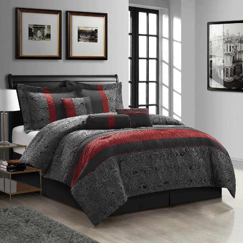 lightweight flannel comforter-Corell 7-Piece Comforter Set, Black/Red, Geometric, Patchwork