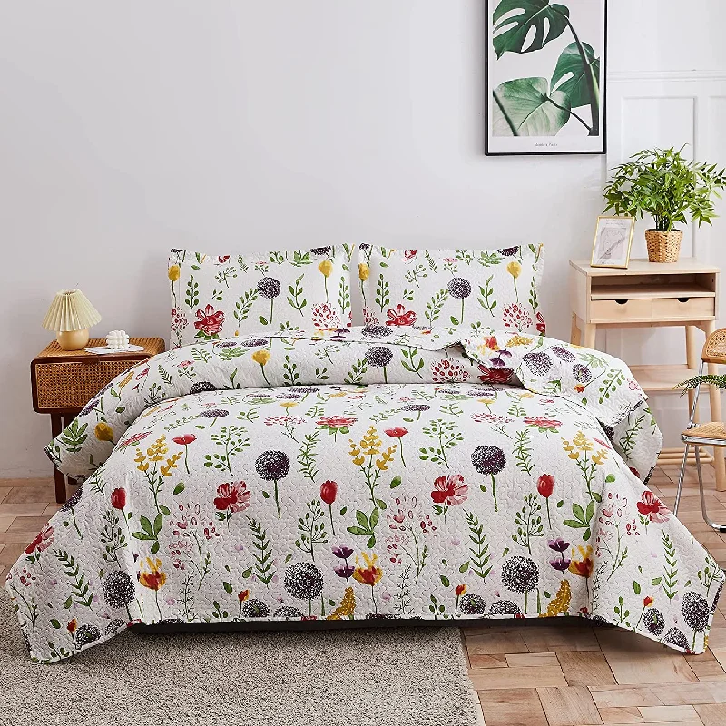 thick microfiber quilt-Dandelion Floral Plant Leaves 3 Pieces Quilt Set With 2 Pillowcases