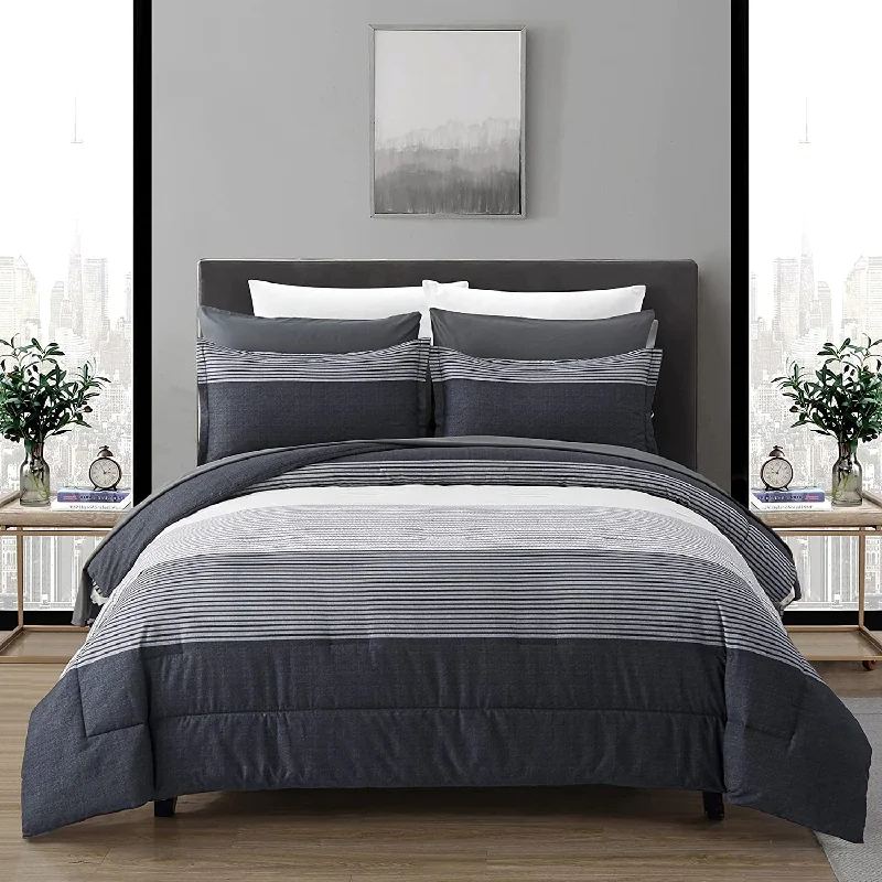 modern floral bed set-Dark Grey Queen Comforter Set 7 Pieces Stripe Comforter Sets with Comforter, Pillowshams, Flat Sheet, Fitted Sheet and Pillowcases