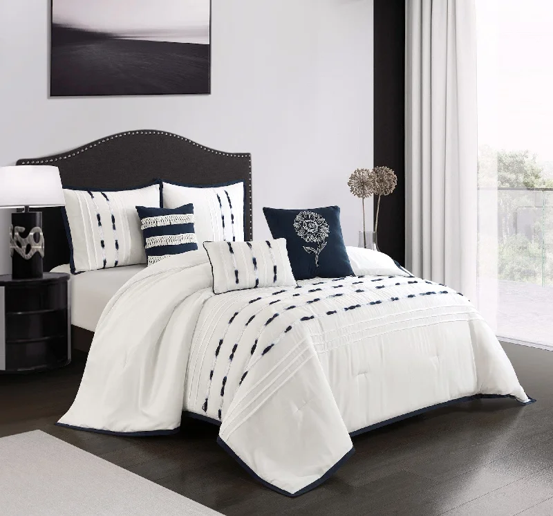 soft microfiber throw-Delfina 6-Piece Comforter Set, White/Navy, Geometric