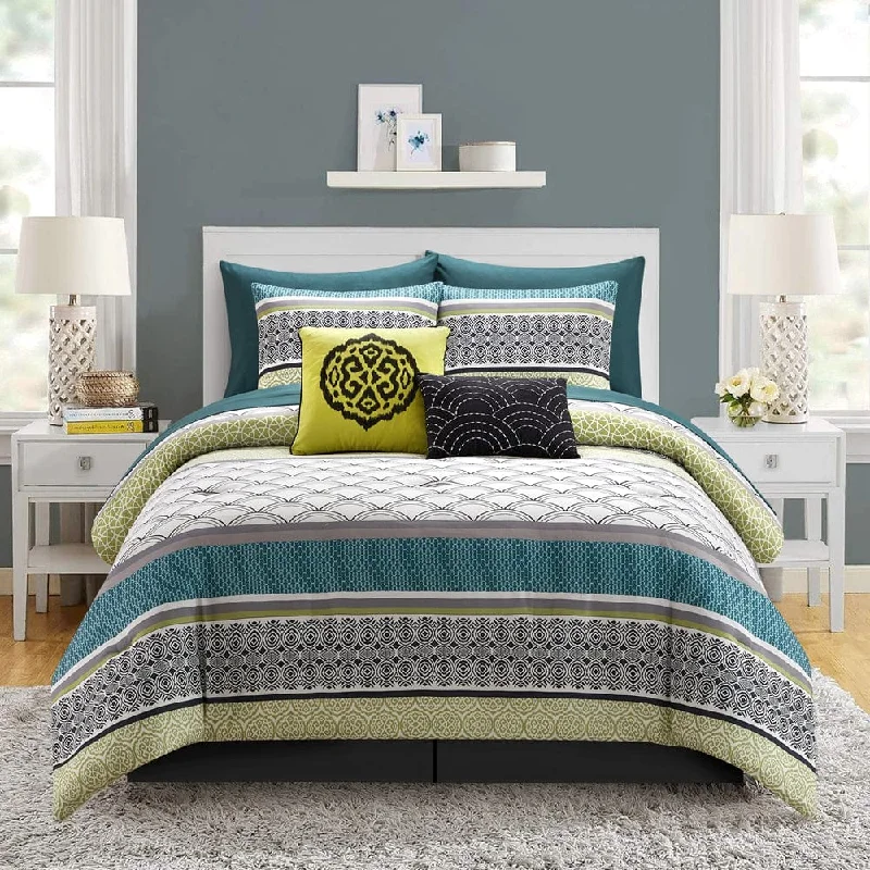 cozy silk quilt-Delilah 10 Piece Comforter Set, Teal/Yellow