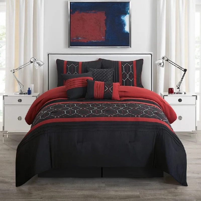 silky cotton duvet cover-Earline 7-Piece Comforter Set, Black/Red, Geometric