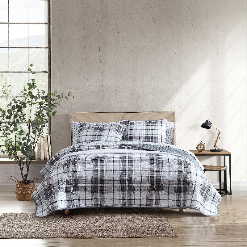 lightweight jersey sheets-Eddie Bauer Alder Plaid Cotton Reversible Grey Quilt Set