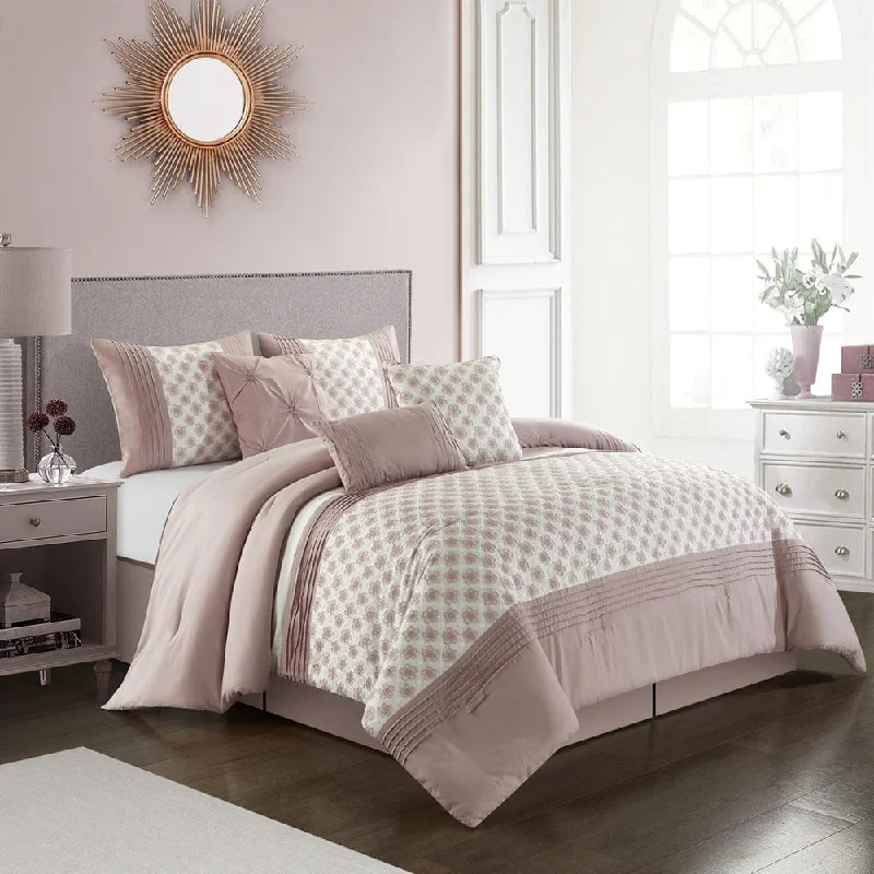 hypoallergenic percale sheets-Elisha 7-Piece Comforter Set, Blush, Floral