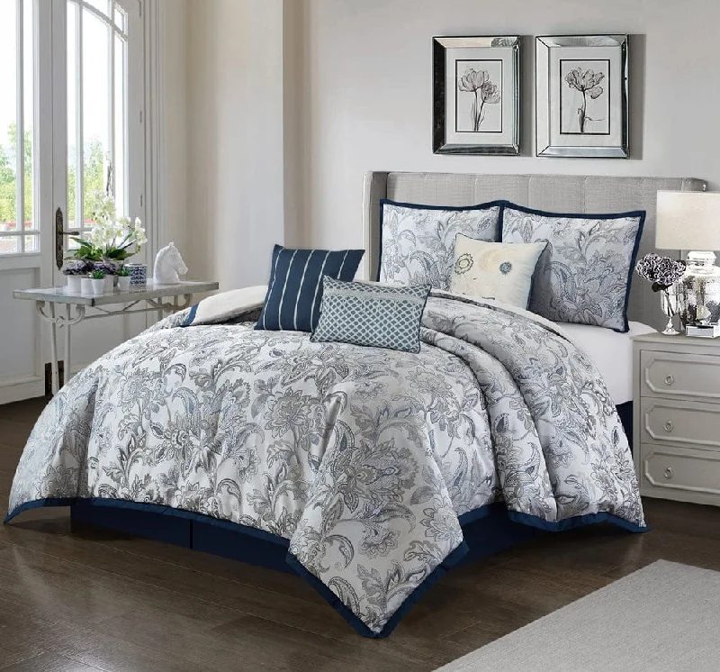 minimalist white comforter-Elisia Leaves 7-Piece Comforter Set, Navy