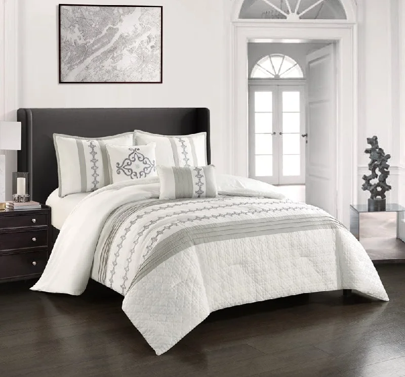 colorful floral blanket-Fabiola 5-Piece Comforter Set, White/Grey, Abstract