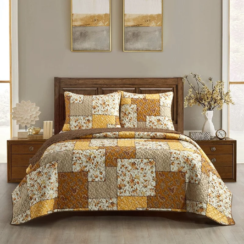 lightweight jersey sheets-Fayetta 3 Piece Quilt Set, Gold, Floral