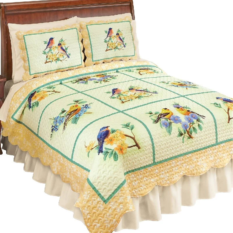 plush satin bedspread-Floral and Bird Window Pane Design Scalloped Edge Quilt