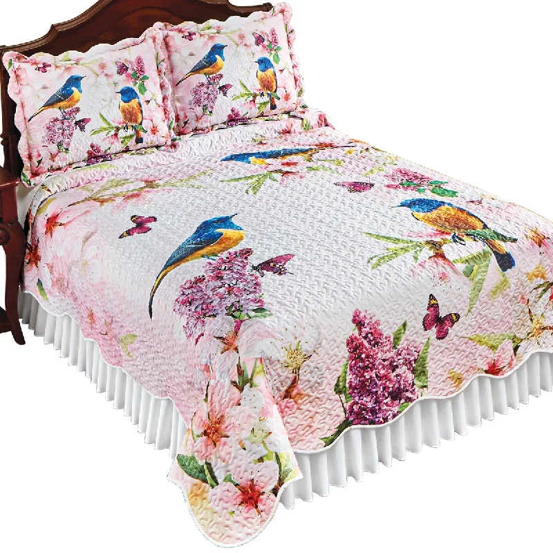 cozy cotton comforter-Floral Birds and Blooms Scalloped Edge Quilt