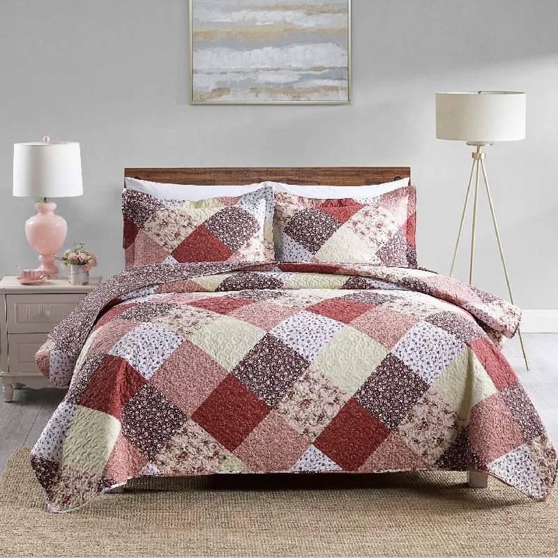 silky bamboo comforter-Floral Grid Print 3 Pieces Lightweight Quilt Set with 2 Pillowcases